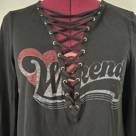 Vintage Express One Eleven Lace Up Shirt Print Weekend Fall Heart Grunge - Picture 2 of 6